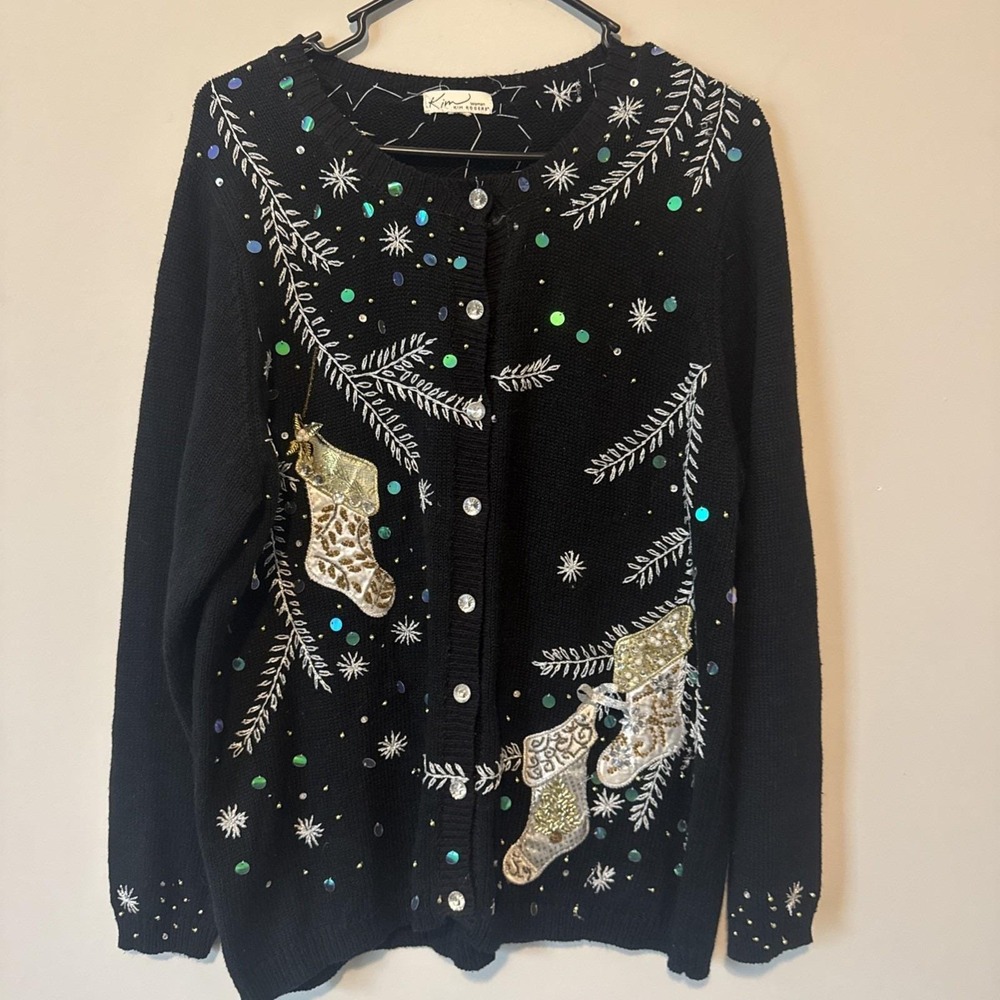 Kim Rogers‎ Womens Christmas Sweater Sequin Sparkly Rhinestone Stocking Black XL